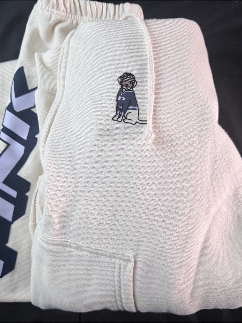 PINK Victoria's Secret Cream Joggers with Dog Graphic & Navy Logo